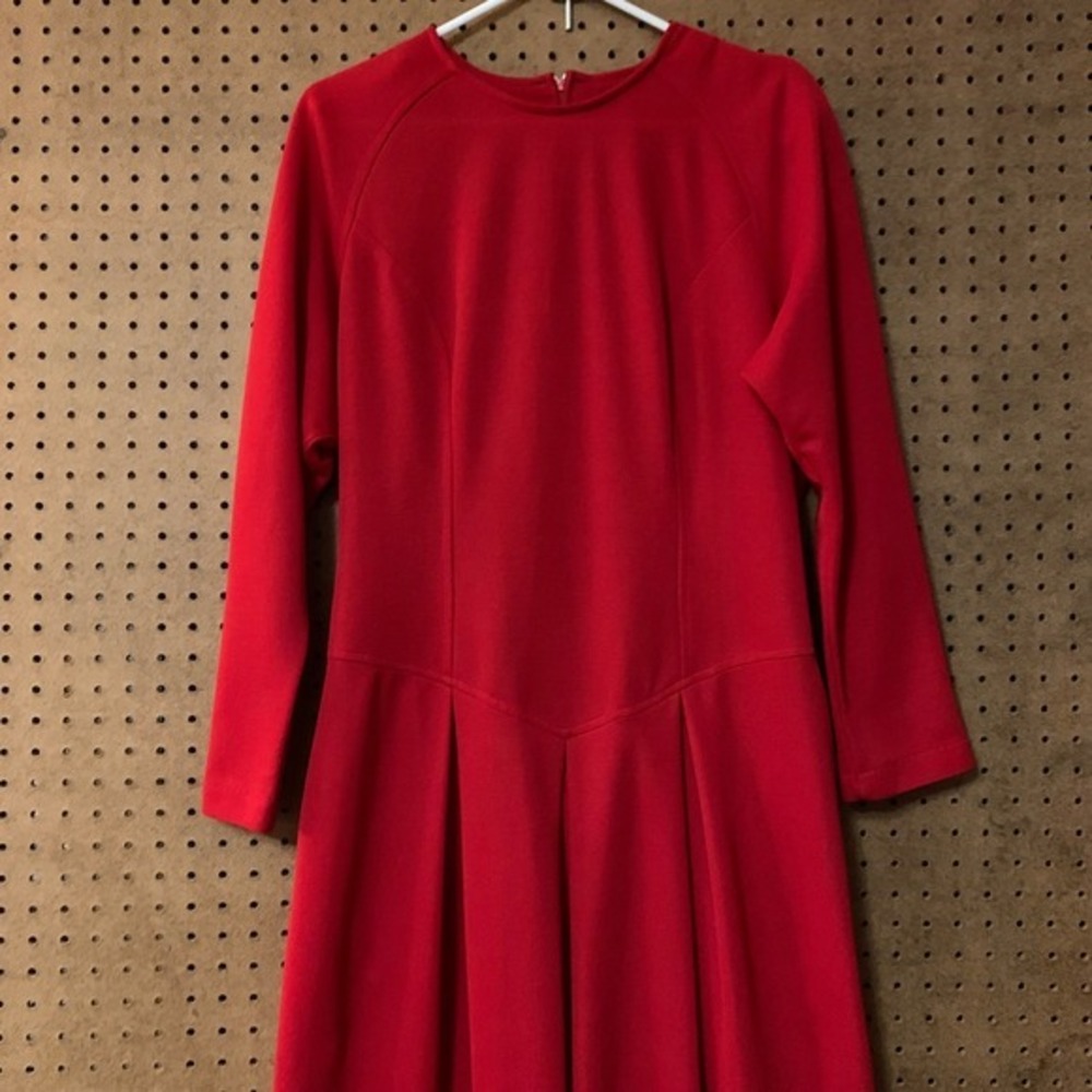 Sabino Red Long Sleeve Pleated‎ Midi Dress 16 Bold Holiday Vintage Drop Waist